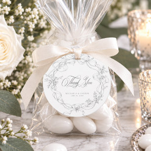 Étiquettes Cadeau Mariage Couronne Florale Grise Noire Classique Vin