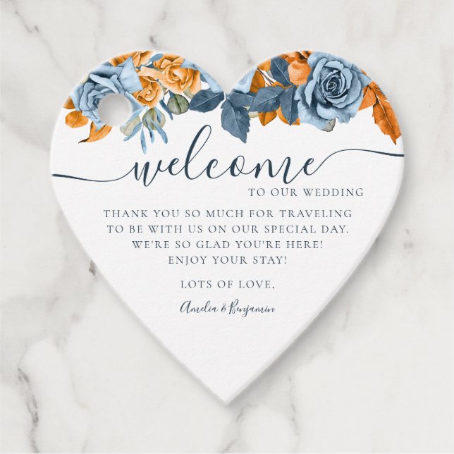 Étiquettes Cadeau Mariage d'accueil élégant en terre cuite bleu roui (Devant)