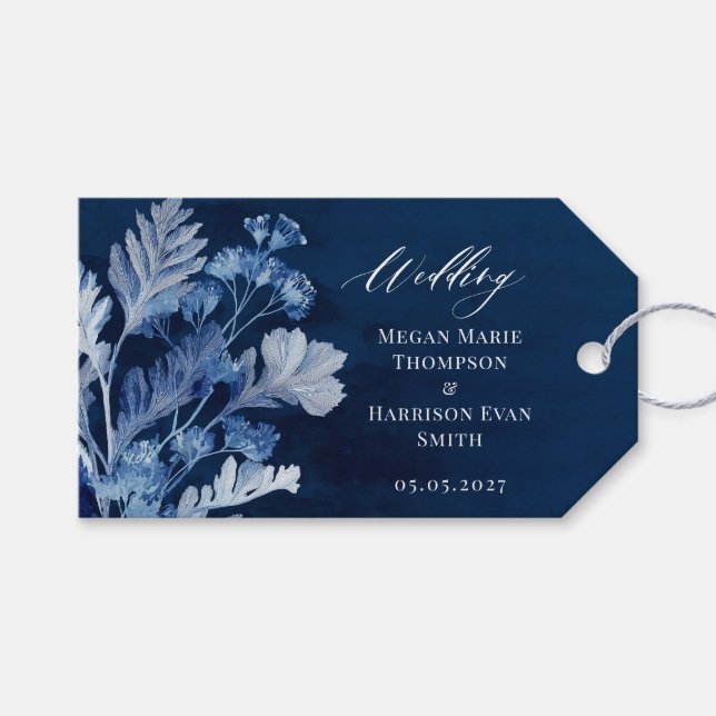 Étiquettes-cadeau Mariage d'aquarelle botanique Indigo (Devant (Horizontal))