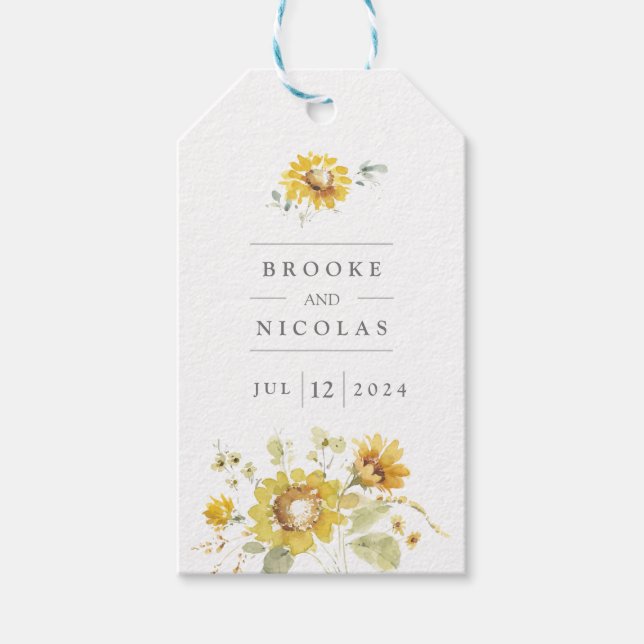 Étiquettes-cadeau Mariage d'aquarelle de tournesol jaune rustique (Devant)
