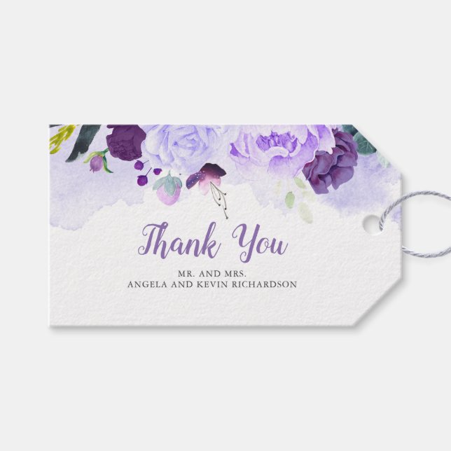 Étiquettes-cadeau Mariage d'aquarelle florale pourpre et argent (Devant (Horizontal))