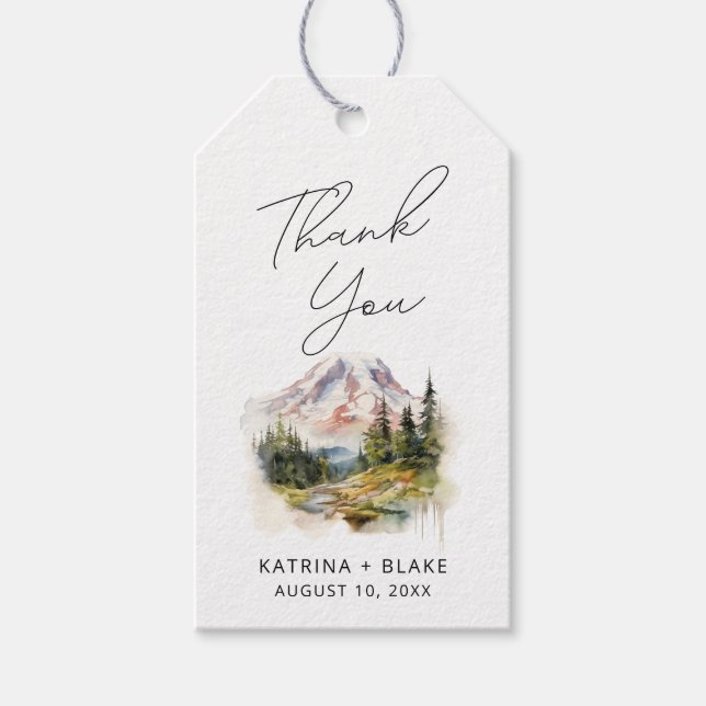 Étiquettes-cadeau Mariage d'aquarelle Mount Rainier Washington (Devant)