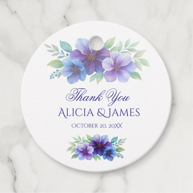 Étiquettes Cadeau Mariage d'aquarelle romantique bleu violet (Devant)