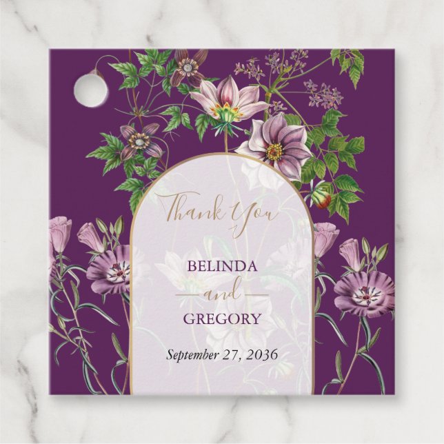 Étiquettes Cadeau Mariage d'arc doré fleuri violet (Devant)