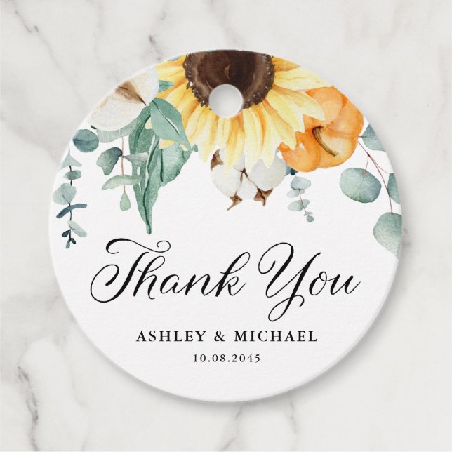 Étiquettes Cadeau Mariage d'automne Citrouille et tournesols (Devant)