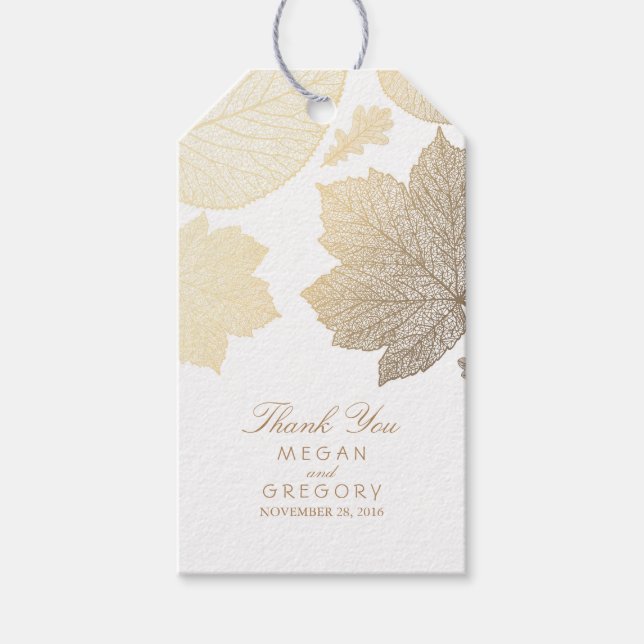 Étiquettes-cadeau Mariage de automne blanc Feuille d'or (Devant)
