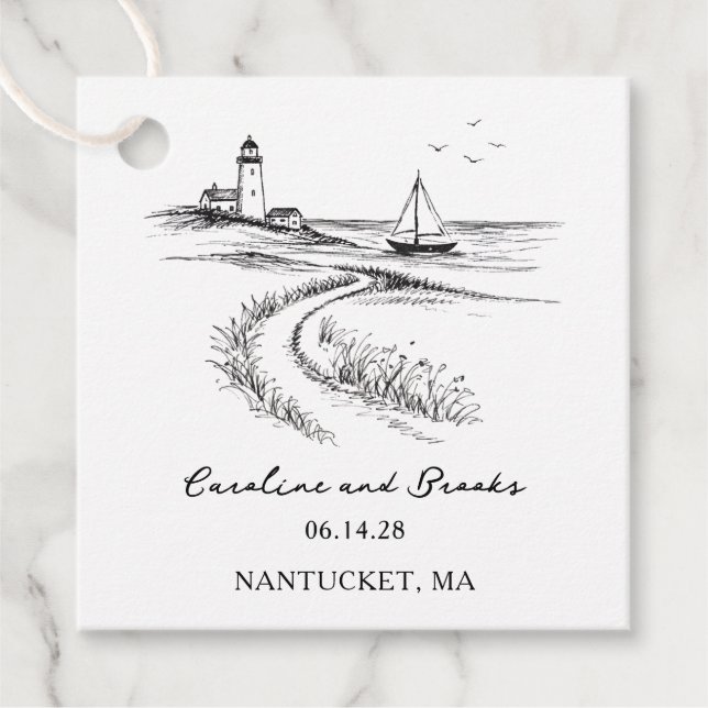 Étiquettes Cadeau Mariage de bord de mer noir et blanc dessiné à la  (Devant)