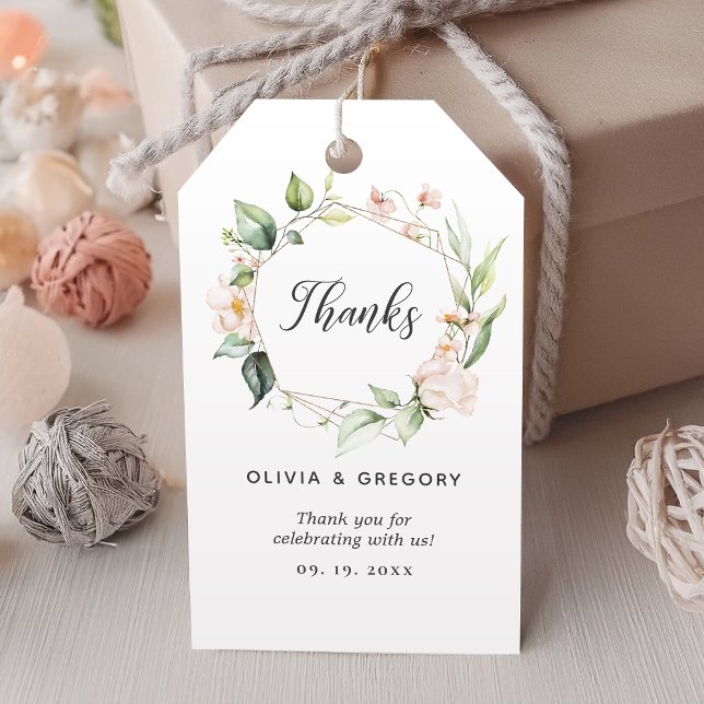 Étiquettes-cadeau Mariage de cadre géométrique rose floral or (Créateur téléchargé)