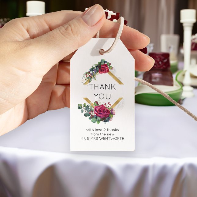 Étiquettes-cadeau Mariage de cadre géométrique rouge Rose or Merci (Gold floral frame thank you tags from the new Mr & Mrs - Red Rose and Eucalyptus Wedding Collection)