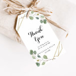 Étiquettes-cadeau Mariage de calligraphie géométrique or Merci<br><div class="desc">Ces étiquettes de mariage de calligraphie géométrique or vous remercient sont parfaites pour une réception de mariage rustique. Le design se compose de branches d'eucalyptus vert botanique dessinées à la main et de feuilles qui ornent d'élégants cadres. Personnalisez ces balises avec un message court, vos noms et votre date de...</div>