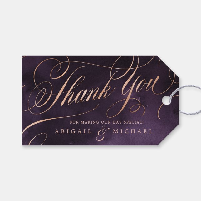 Étiquettes-cadeau mariage de calligraphie or violet rose merci (Devant (Horizontal))