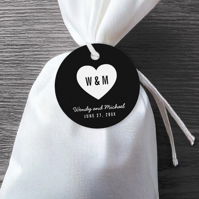 Étiquettes Cadeau Mariage de coeur de Monogramme noir et blanc (Créateur téléchargé)