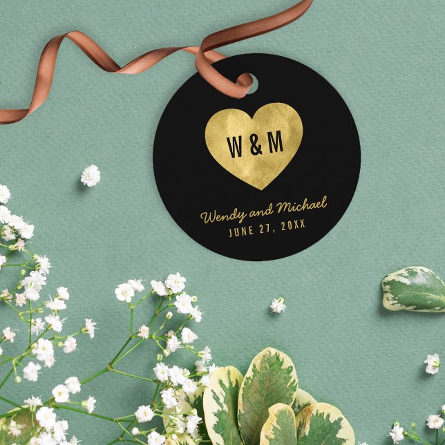 Étiquettes Cadeau Mariage de coeur Monogramme Noir & Or (Créateur téléchargé)