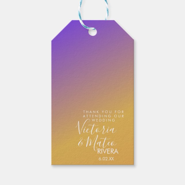 Étiquettes-cadeau Mariage de coucher de soleil jaune violet Ombre (Devant)
