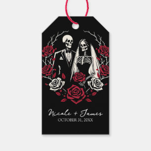 Étiquettes-cadeau Mariage de couple de squelettes aux roses blanches