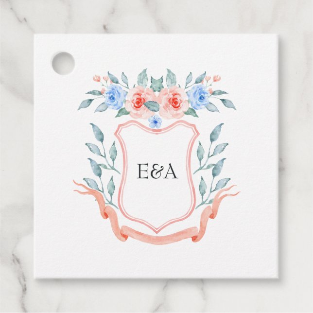 Étiquettes Cadeau Mariage de crête de monogramme floral (Devant)