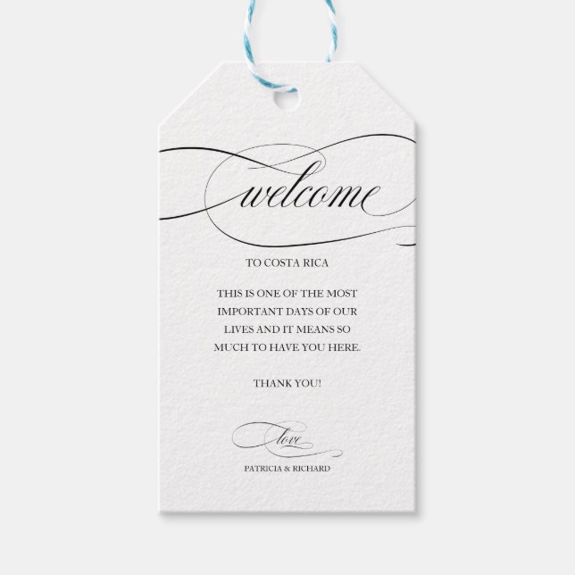 Étiquettes-cadeau Mariage de Destination Bienvenue Merci Noir Script (Devant)
