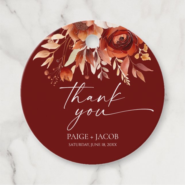 Étiquettes Cadeau Mariage de fleurs Brown rouillées de Bourgogne (Devant)