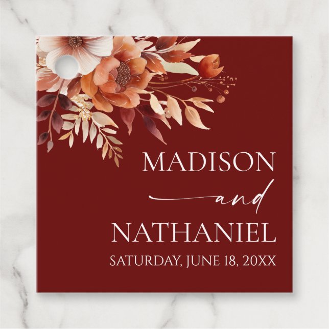 Étiquettes Cadeau Mariage de fleurs Brown rouillées de Bourgogne (Devant)