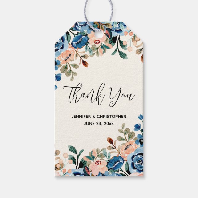 Étiquettes-cadeau Mariage de fleurs d'aquarelle rose et bleu (Devant)