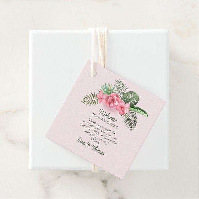 Étiquettes Cadeau Mariage de fleurs tropicales roses (En situation)
