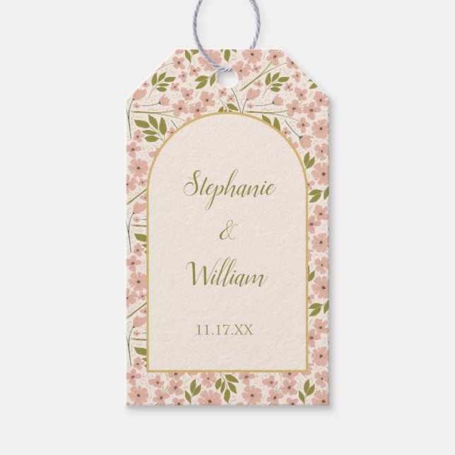 Étiquettes-cadeau Mariage de forme d'arc rose et crème (Devant)