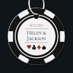 Étiquettes Cadeau Mariage de Las Vegas Black White Poker Chip<br><div class="desc">Ces étiquettes de bienvenue de mariage de jetons de poker,  en noir,  blanc et rouge,  ferait un ajout parfait aux faveurs de votre invité. Personnalisez votre design avec vos noms en noir dans le centre,  et une date mariage,  merci,  etc. en rouge sur le dessus.</div>