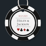 Étiquettes Cadeau Mariage de Las Vegas Black White Poker Chip<br><div class="desc">Ces étiquettes de bienvenue de mariage de jetons de poker,  en noir,  blanc et rouge,  ferait un ajout parfait aux faveurs de votre invité. Personnalisez votre design avec vos noms en noir dans le centre,  et une date mariage,  merci,  etc. en rouge sur le dessus.</div>