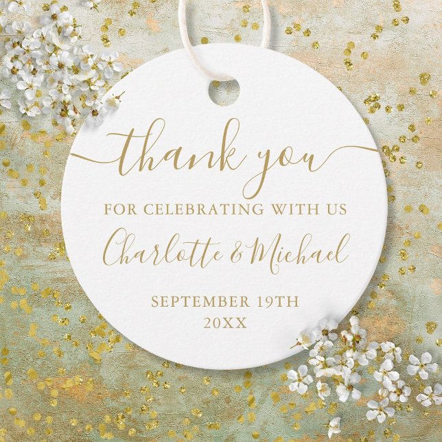 Étiquettes Cadeau Mariage de Merci de script or moderne (Modern Gold Script Thank You Wedding Favor Tags)