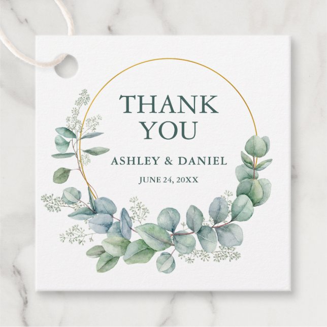 Étiquettes Cadeau Mariage de Merci d'or Eucalyptus moderne (Devant)