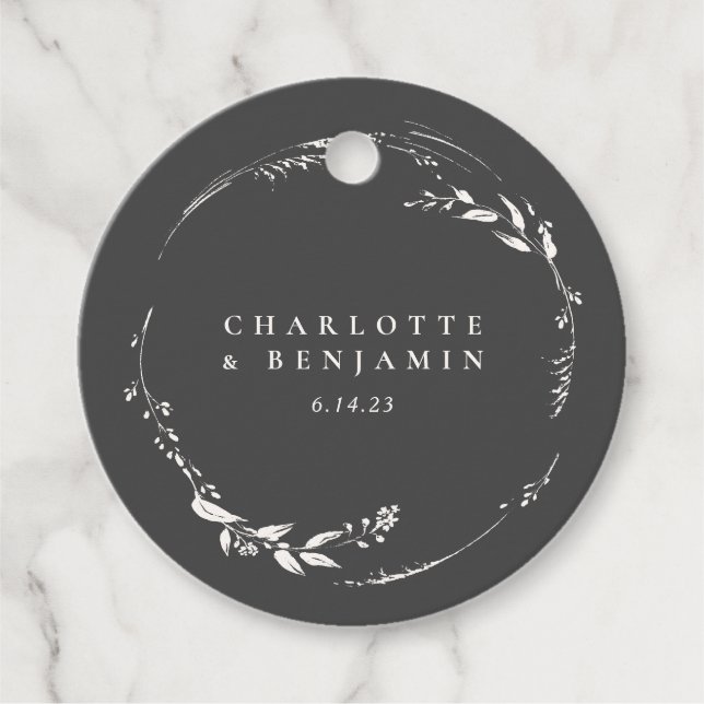 Étiquettes Cadeau Mariage de monogramme de germe noir et blanc (Devant)