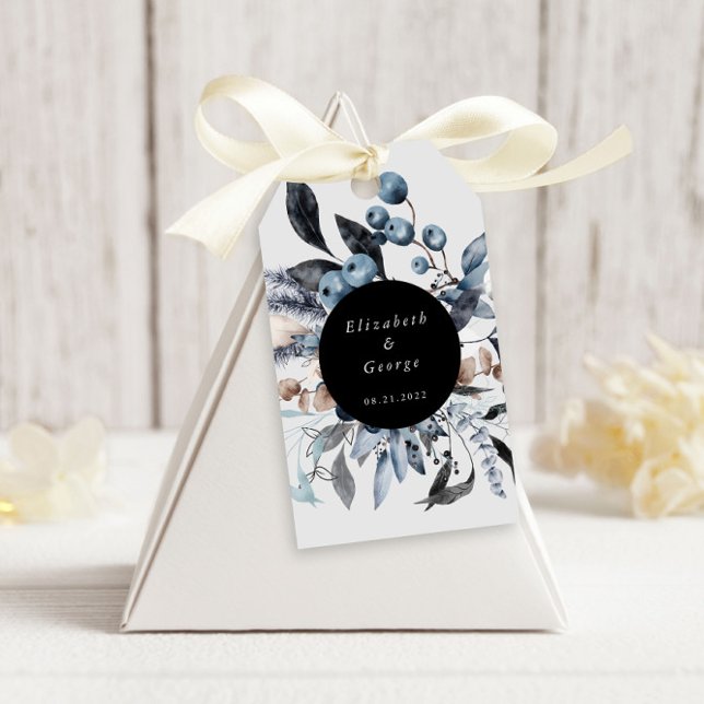 Étiquettes-cadeau Mariage de monogramme Floral d'hiver bleu gelé (Créateur téléchargé)