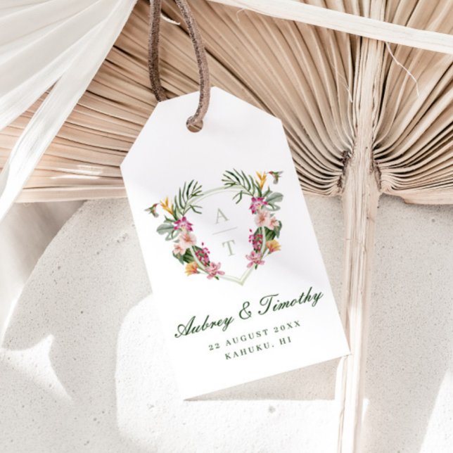 Étiquettes-cadeau Mariage de monogramme floral tropical (Créateur téléchargé)