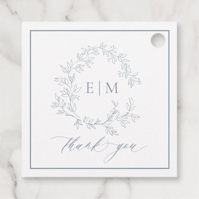 Étiquettes Cadeau Mariage de monogramme moderne Dusty Blue Leafy Cre (Dos)