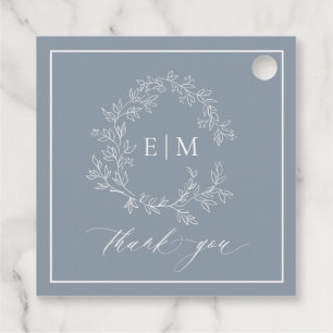 Étiquettes Cadeau Mariage de monogramme moderne Dusty Blue Leafy Cre
