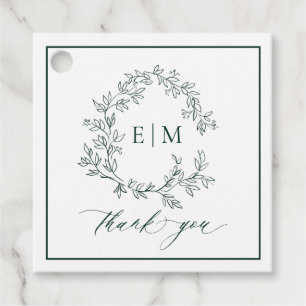 Étiquettes Cadeau Mariage de monogramme vert émeraude moderne