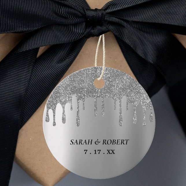 Étiquettes Cadeau Mariage de Parties scintillant argent (Silver Glitter Drip Wedding Favor Tags)