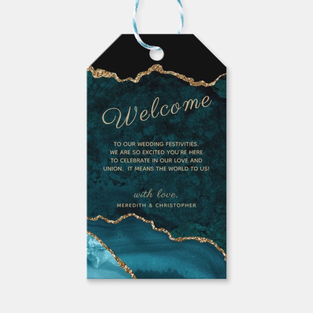 Étiquettes-cadeau Mariage de Parties scintillant Gold Agate turquois (Devant)