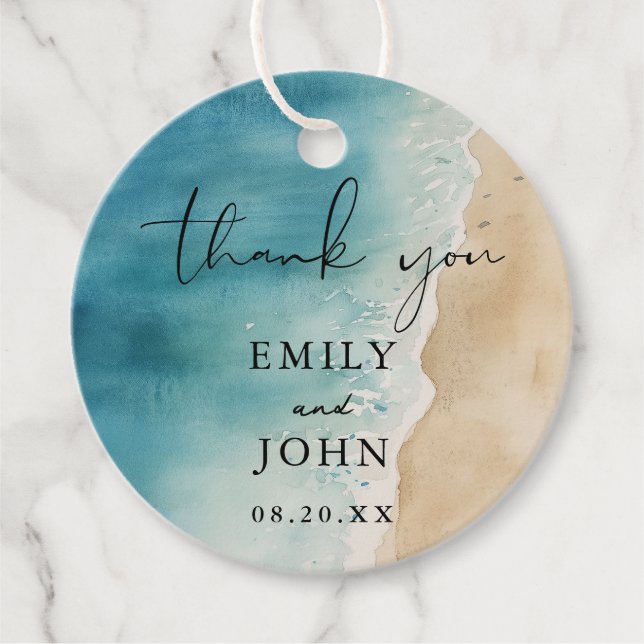 Étiquettes Cadeau Mariage de plage au sable océanique bleu aquarelle (Devant)