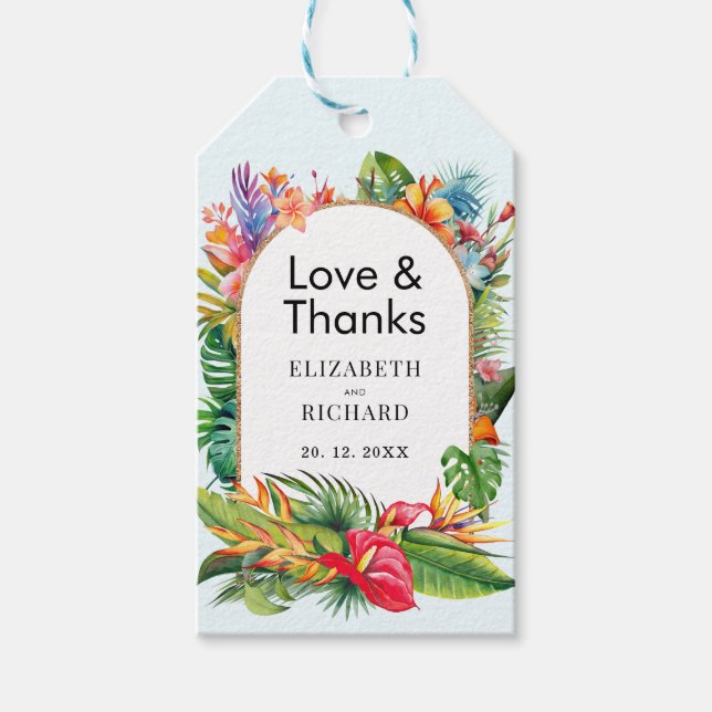 Étiquettes-cadeau Mariage de plage fleurie Feuille tropicale (Devant)