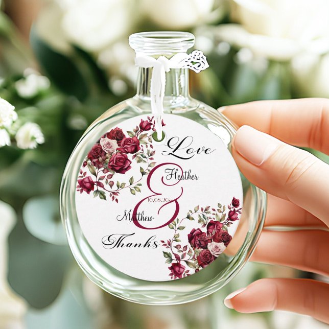 Étiquettes Cadeau Mariage de script moderne floral de Bourgogne (Créateur téléchargé)