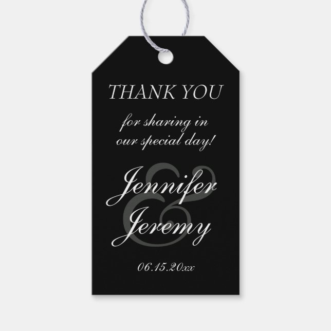 Étiquettes-cadeau Mariage de script moderne noir élégant blanc gris (Devant)