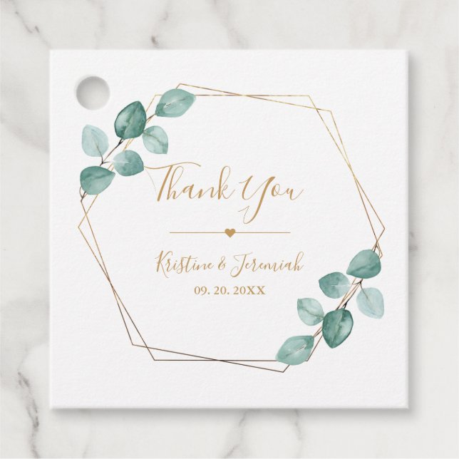 Étiquettes Cadeau Mariage de script or Eucalyptus moderne (Devant)