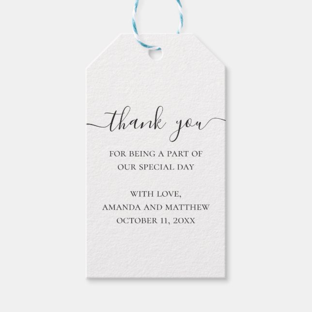 Étiquettes-cadeau Mariage de script simple en noir et blanc merci (Devant)
