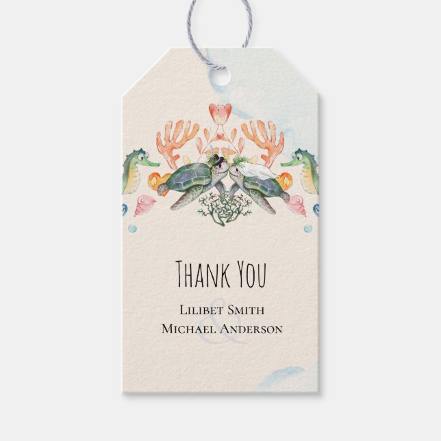 Étiquettes-cadeau Mariage de tortues de mer avec mariée et chambre (Devant)