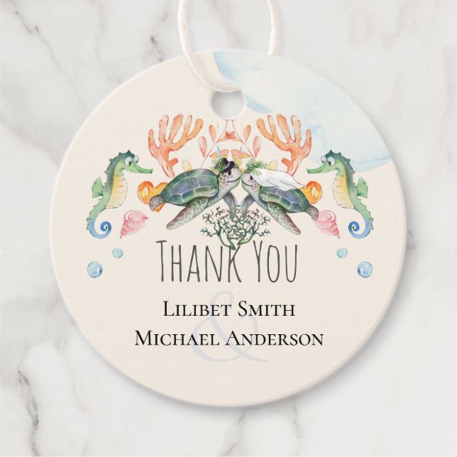 Étiquettes Cadeau Mariage de tortues de mer avec mariée et chambre F (Devant)