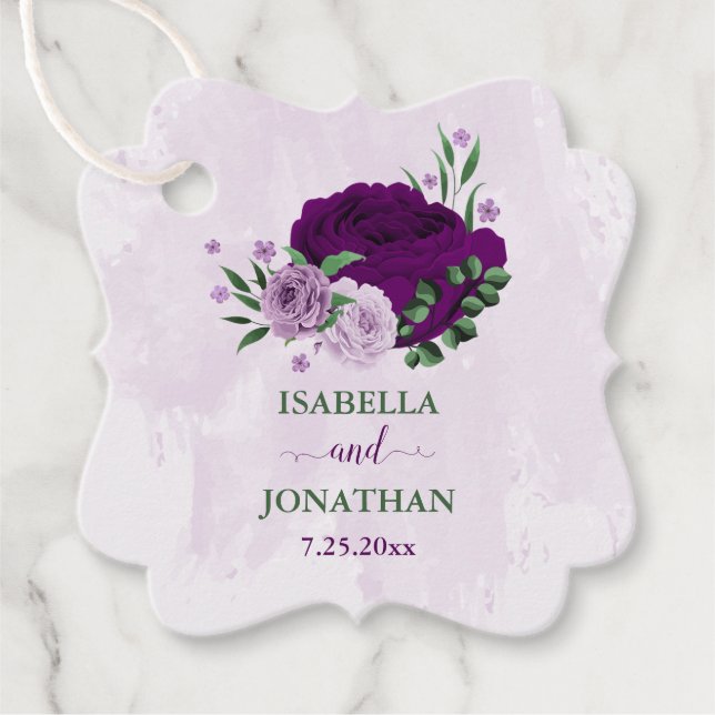 Étiquettes Cadeau Mariage de verdure aux fleurs violettes (Devant)