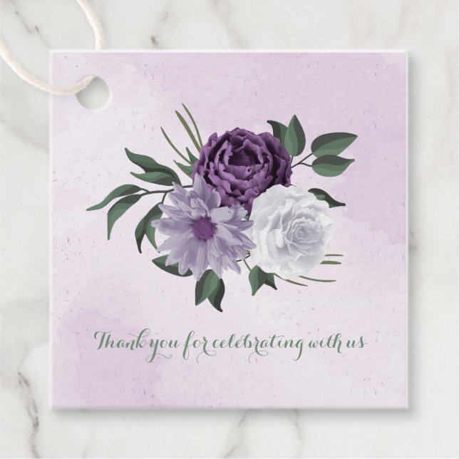 Étiquettes Cadeau mariage de verdure fleurie violette et blanche (Devant)