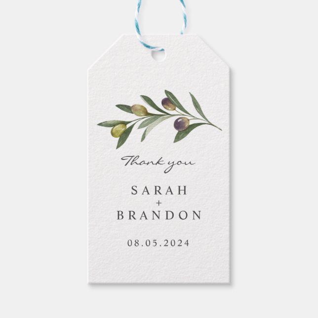 Étiquettes-cadeau Mariage d'été en feuille d'olive aquarelle (Devant)