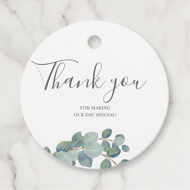 Étiquettes Cadeau Mariage d'été Eucalyptus de verdure rustique. (Devant)